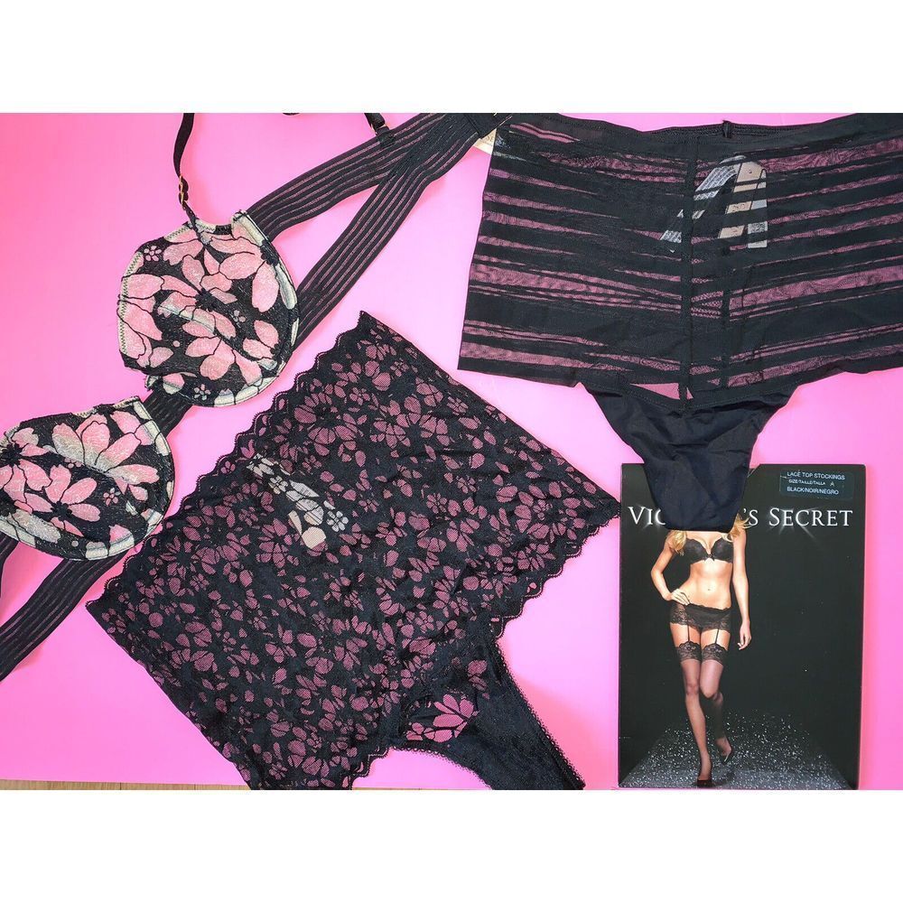 Victoria's Secret unlined 34C BRA SET S high waist thong Black Beige embroidered